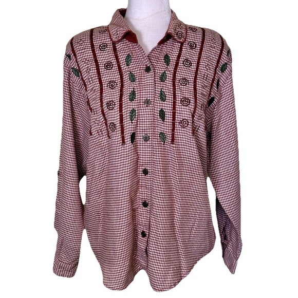 Vintage Teddi Women’s Cottagecore Embroidered Gingham Shirt Rustic Country PL - Picture 1 of 7